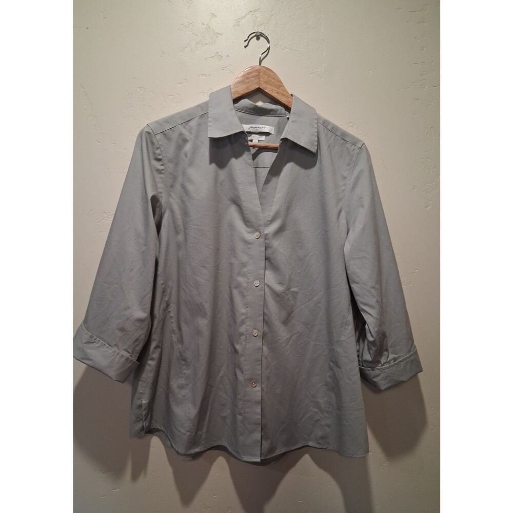 Foxcroft Womens L Light Gray Non Iron Stretch 3/4 Cuff Sleeve Button-Up Shirt